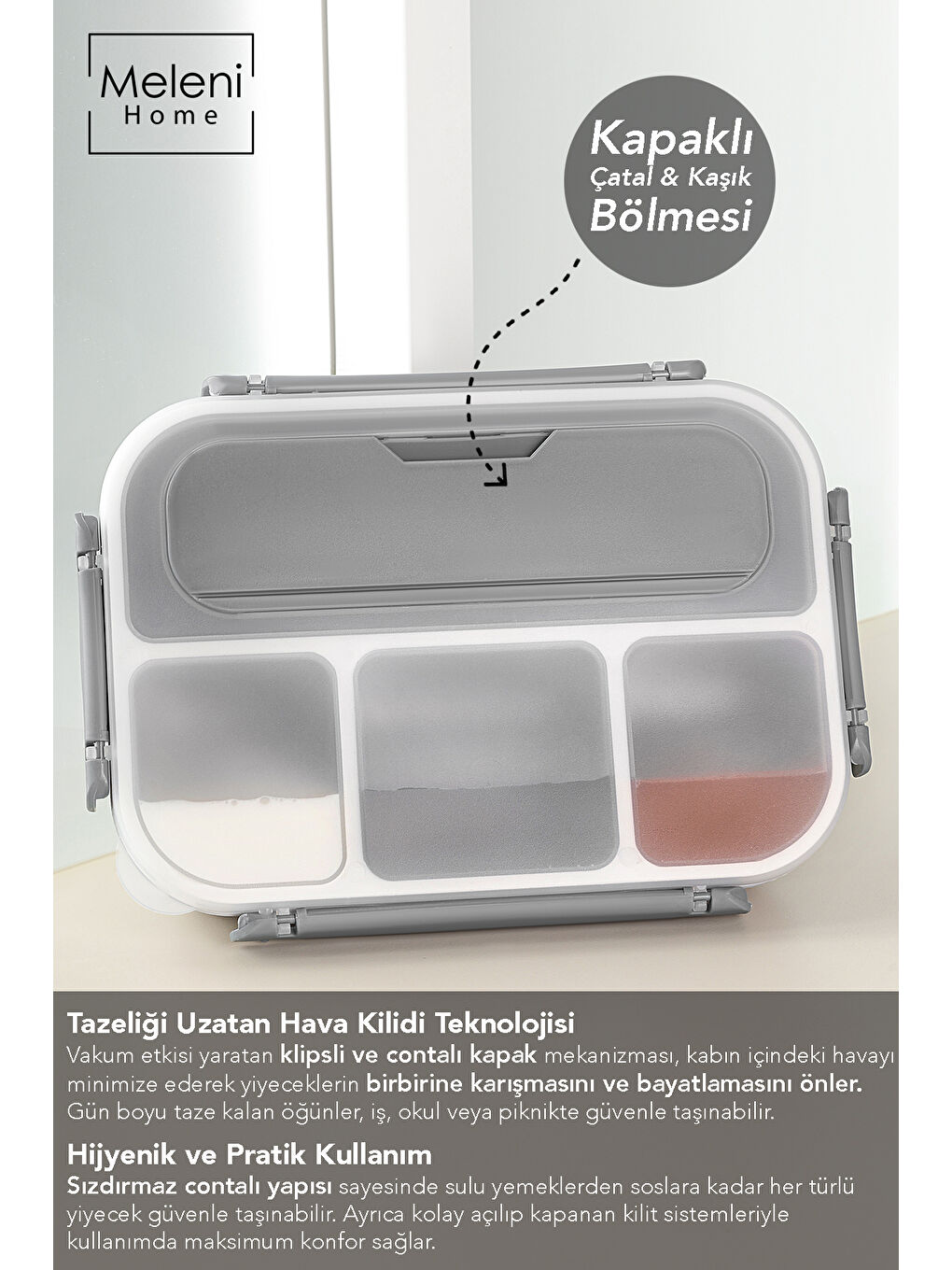 Sızdırmaz Contalı Yemek Kabı - 4 Bölmeli Çatal Kaşıklı Diyet Beslenme Kutusu Lunch Box Gri-2
