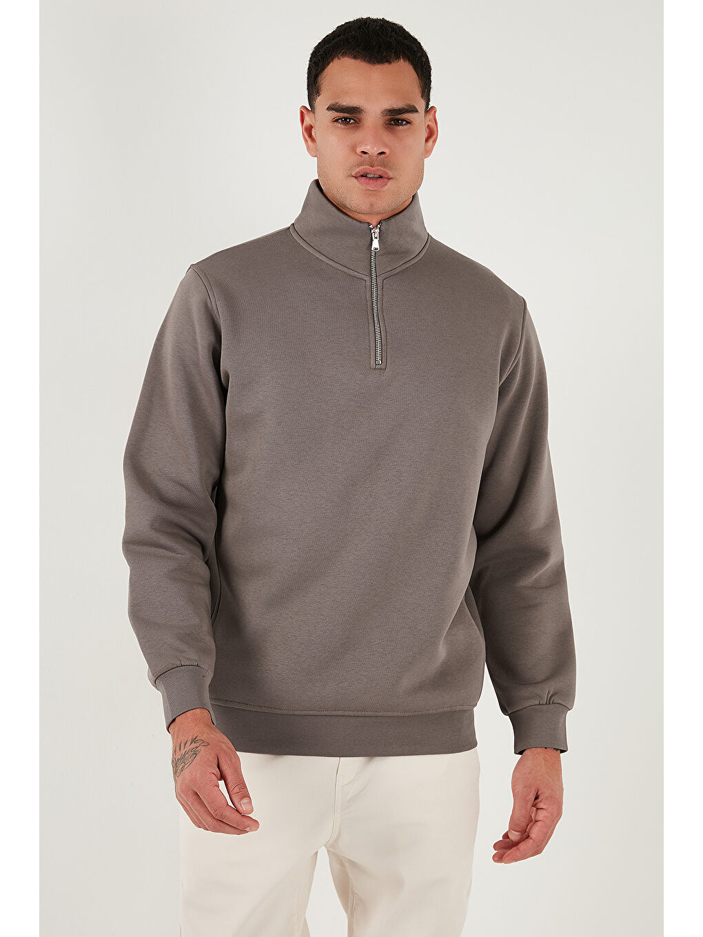Kahverengi Pamuklu Regular Fit Yarım Fermuarlı Dik Yaka Erkek Sweat 59052592-3