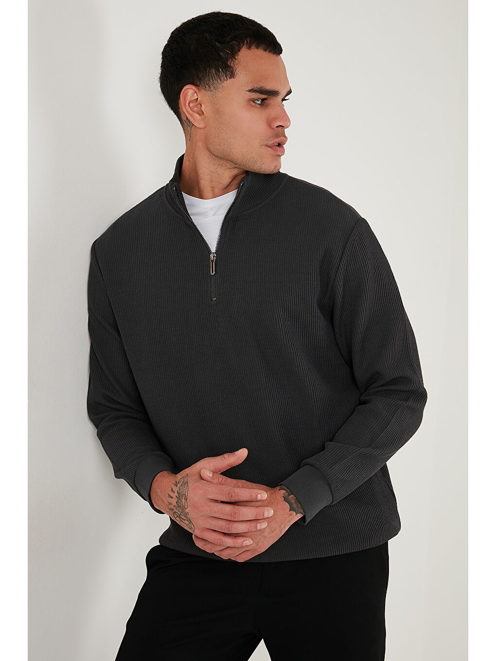 Antrasit Pamuklu Regular Fit Yarım Fermuarlı Dik Yaka Erkek Sweat 5905716-4
