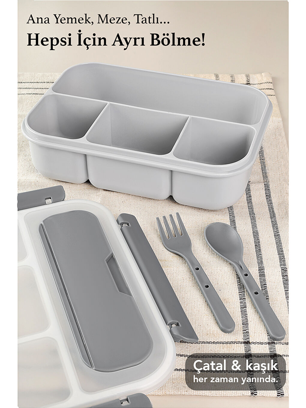 Sızdırmaz Contalı Yemek Kabı - 4 Bölmeli Çatal Kaşıklı Diyet Beslenme Kutusu Lunch Box Gri-3