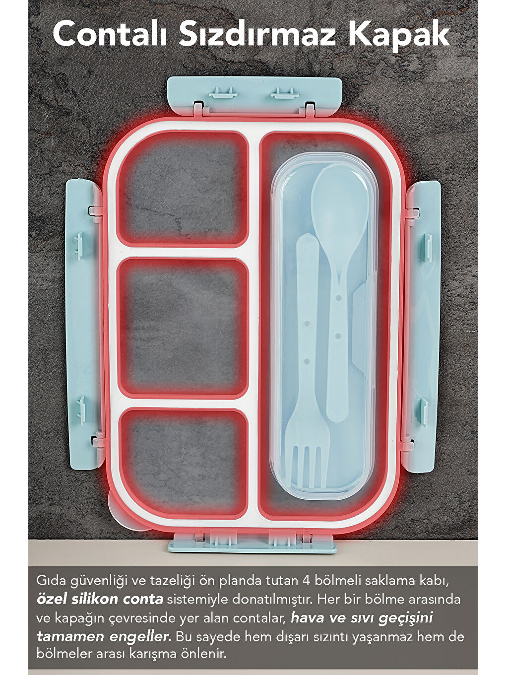 Sızdırmaz Contalı Yemek Kabı - 4 Bölmeli Çatal Kaşıklı Diyet Beslenme Kutusu Lunch Box Mavi-1