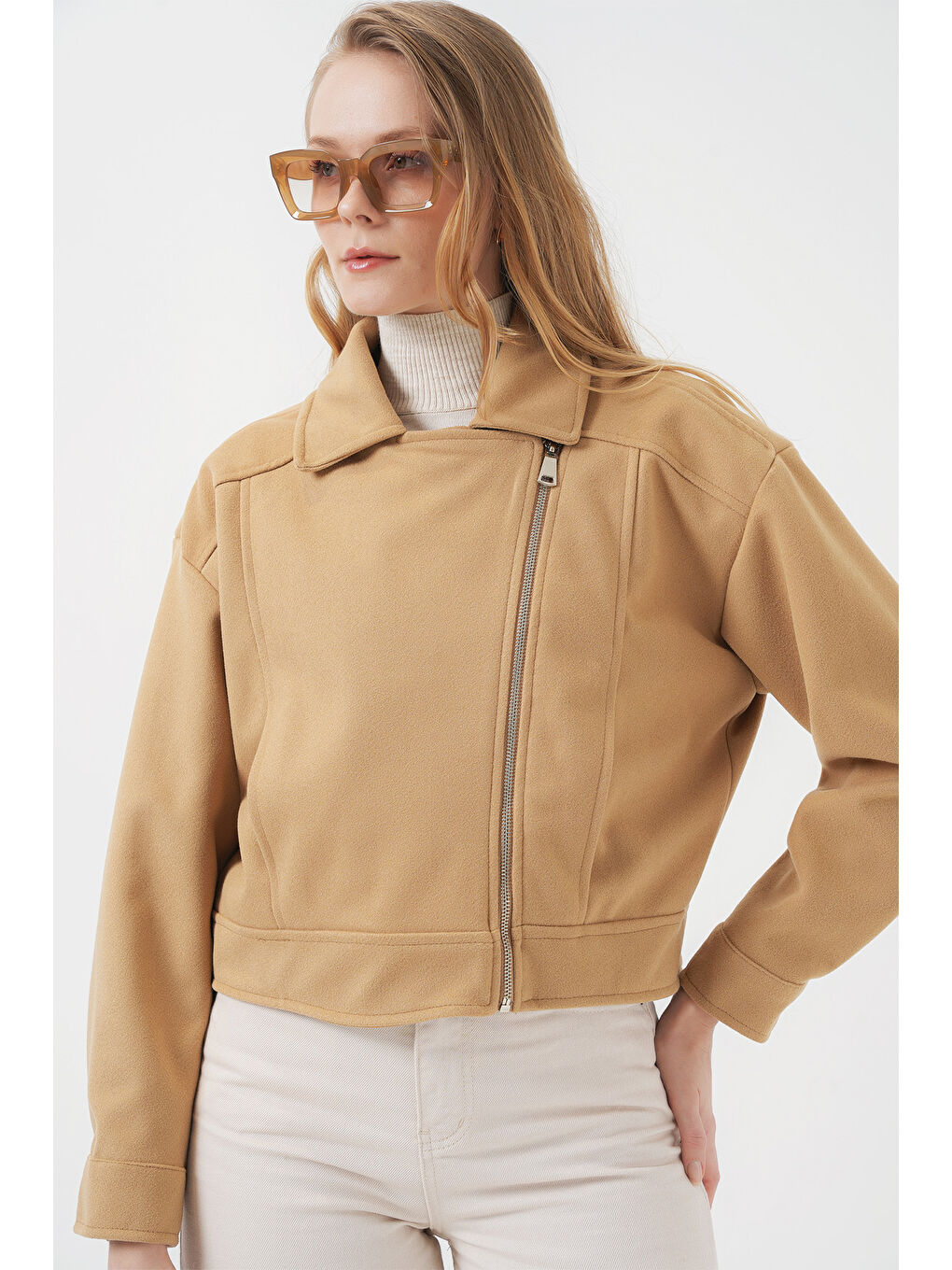 Bej 0717 Kadın Kısa Kaşe Ceket - Bisküvi-3