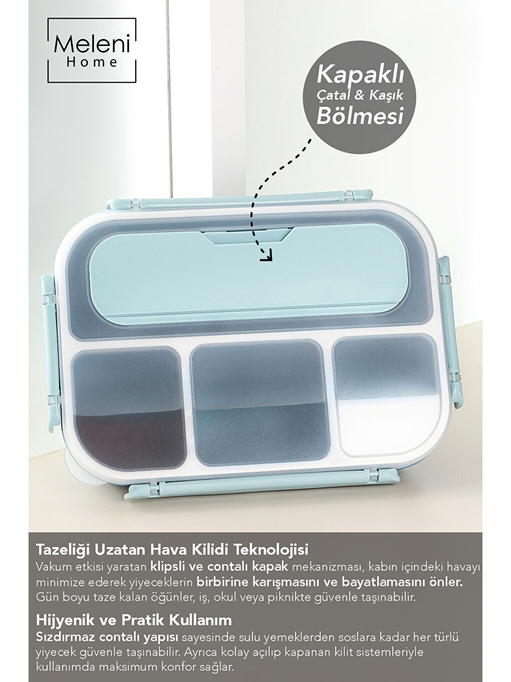 Sızdırmaz Contalı Yemek Kabı - 4 Bölmeli Çatal Kaşıklı Diyet Beslenme Kutusu Lunch Box Mavi-2