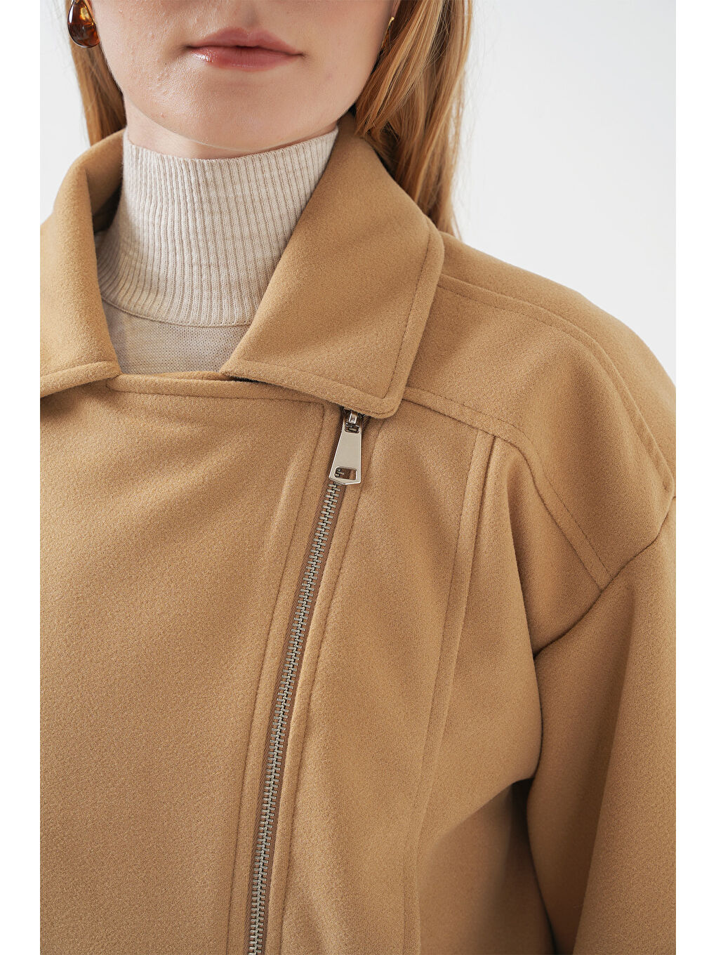 Bej 0717 Kadın Kısa Kaşe Ceket - Bisküvi-5