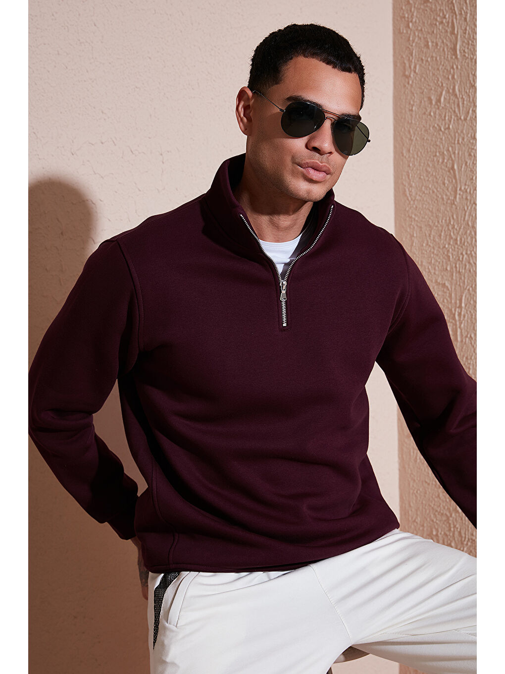 Bordo Pamuklu Regular Fit Yarım Fermuarlı Dik Yaka Erkek Sweat 59052592-1