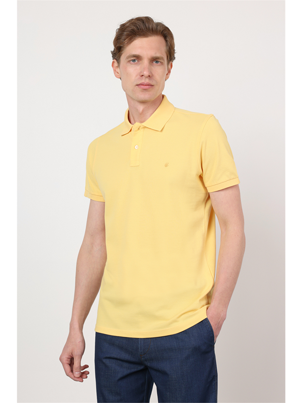 Sarı Polo Yaka Kısa Kol Cepsiz Slim Fit Pamuklu Tişört 1011260154-4