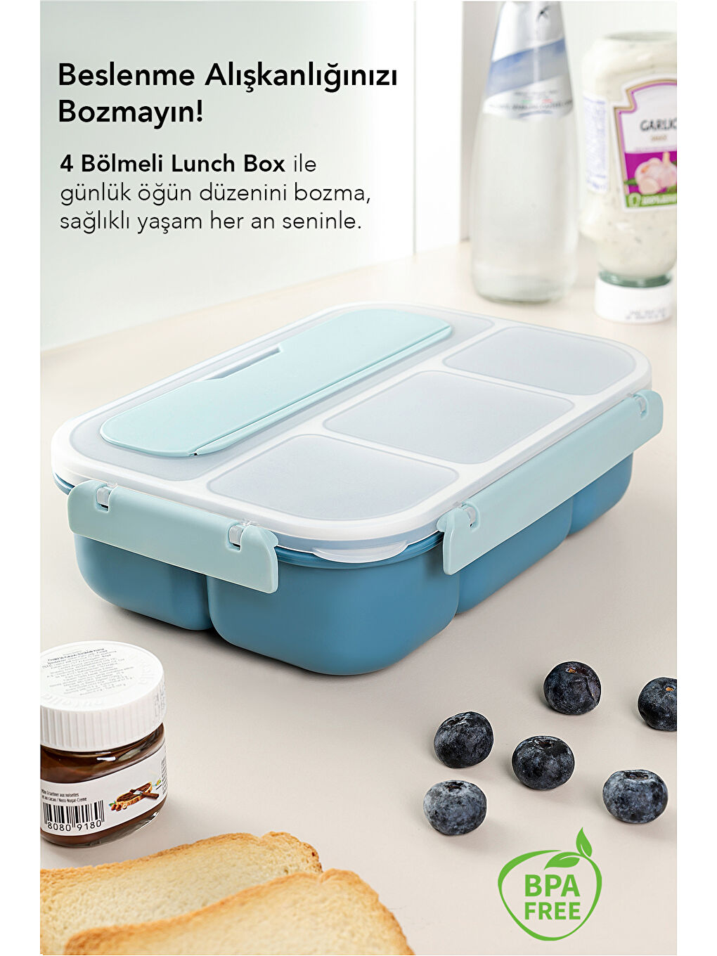 Sızdırmaz Contalı Yemek Kabı - 4 Bölmeli Çatal Kaşıklı Diyet Beslenme Kutusu Lunch Box Mavi-4