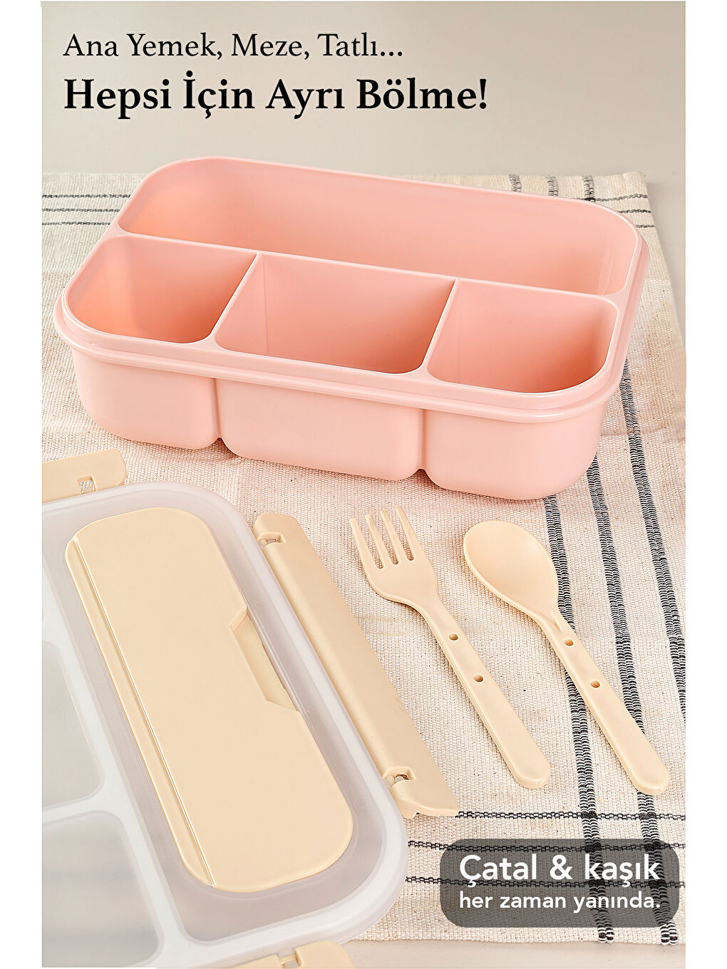 Sızdırmaz Contalı Yemek Kabı - 4 Bölmeli Çatal Kaşıklı Diyet Beslenme Kutusu Lunch Box Pembe-3