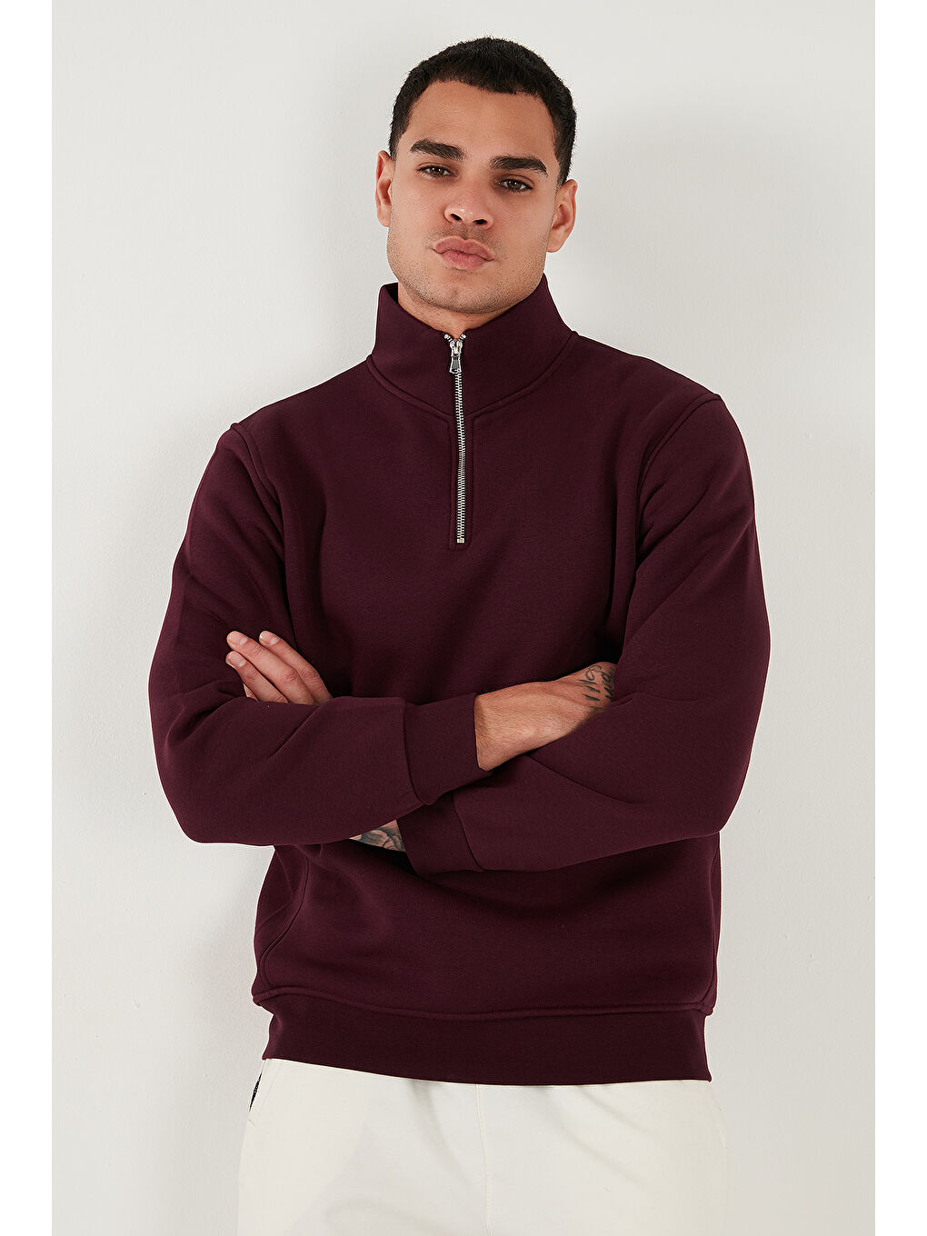 Bordo Pamuklu Regular Fit Yarım Fermuarlı Dik Yaka Erkek Sweat 59052592-2