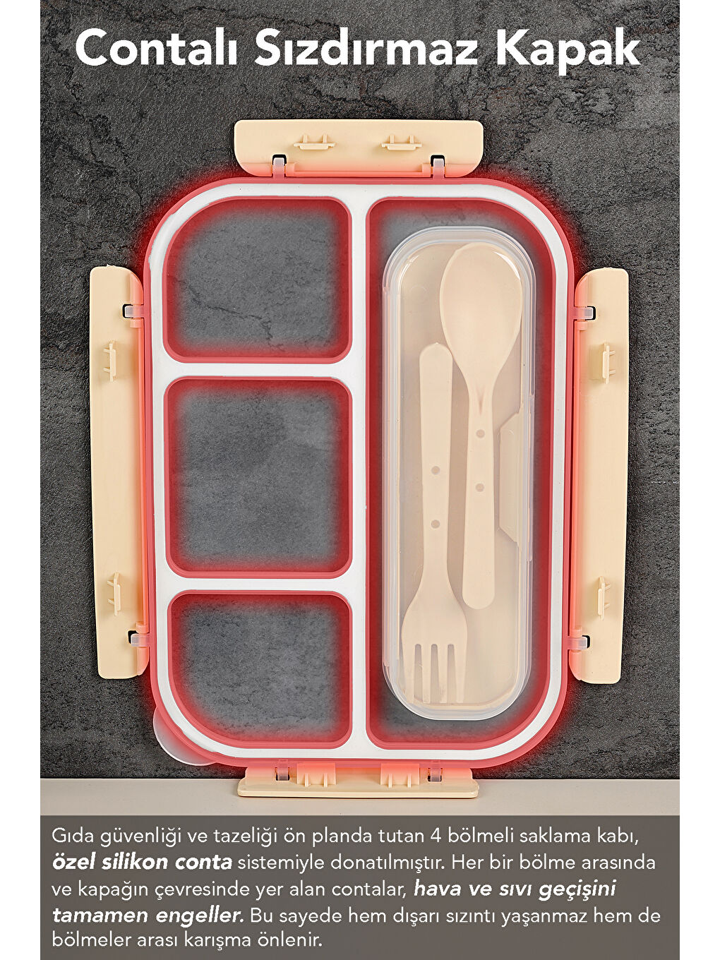 Sızdırmaz Contalı Yemek Kabı - 4 Bölmeli Çatal Kaşıklı Diyet Beslenme Kutusu Lunch Box Yeşil-1