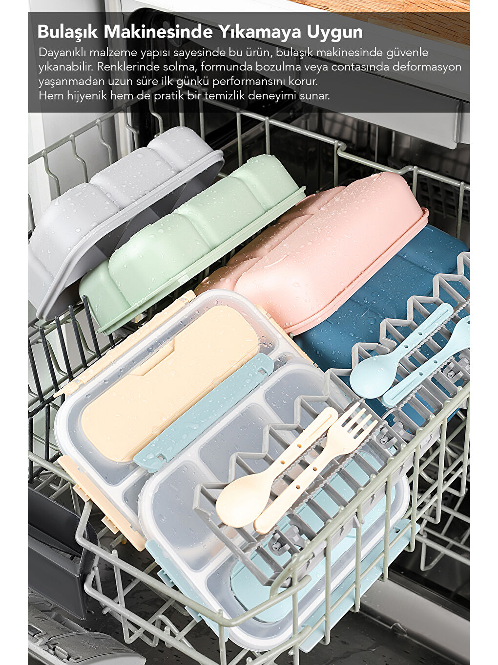 Sızdırmaz Contalı Yemek Kabı - 4 Bölmeli Çatal Kaşıklı Diyet Beslenme Kutusu Lunch Box Gri-6