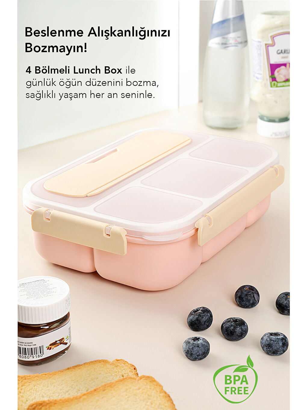Sızdırmaz Contalı Yemek Kabı - 4 Bölmeli Çatal Kaşıklı Diyet Beslenme Kutusu Lunch Box Pembe-4