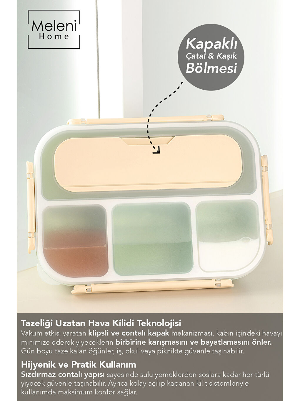 Sızdırmaz Contalı Yemek Kabı - 4 Bölmeli Çatal Kaşıklı Diyet Beslenme Kutusu Lunch Box Yeşil-2