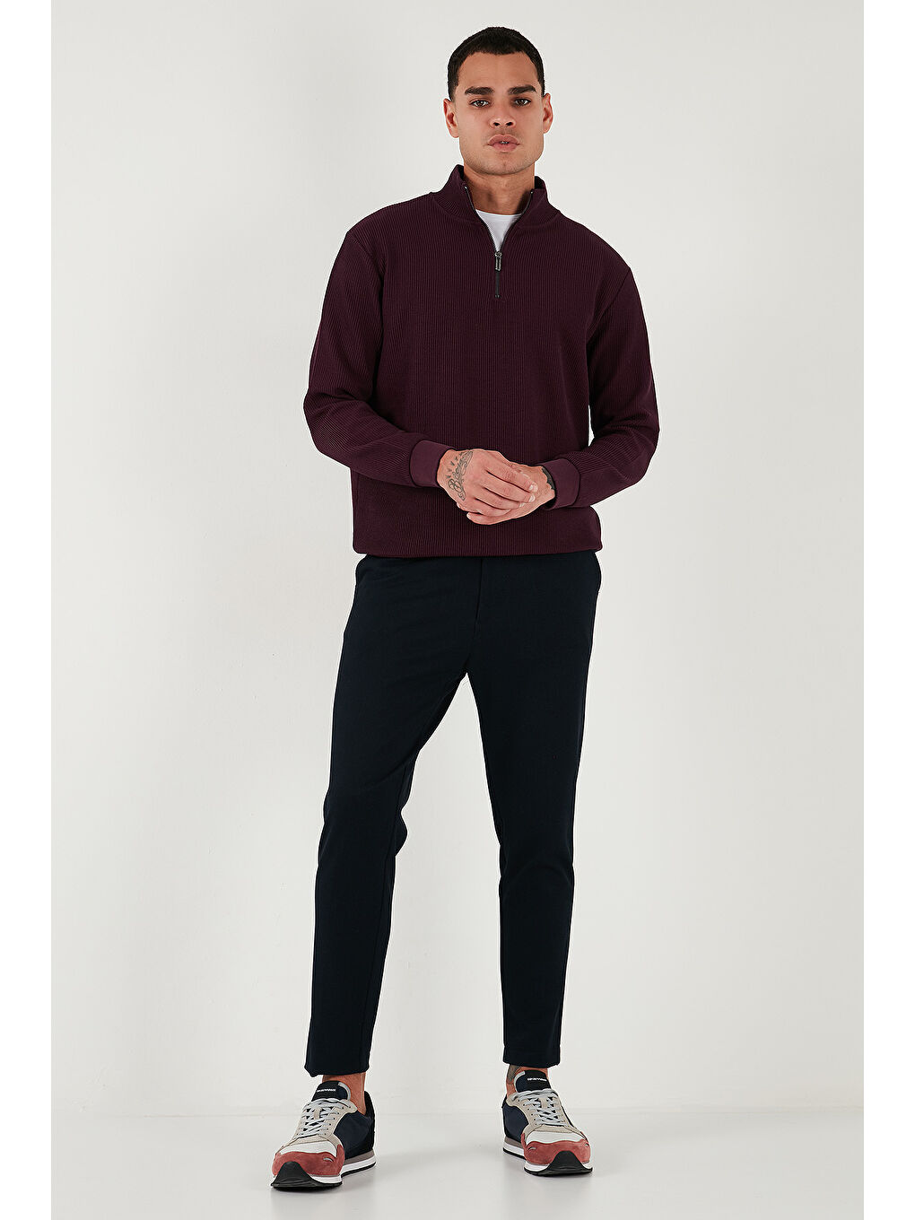 Bordo Pamuklu Regular Fit Yarım Fermuarlı Dik Yaka Erkek Sweat 5905716-1