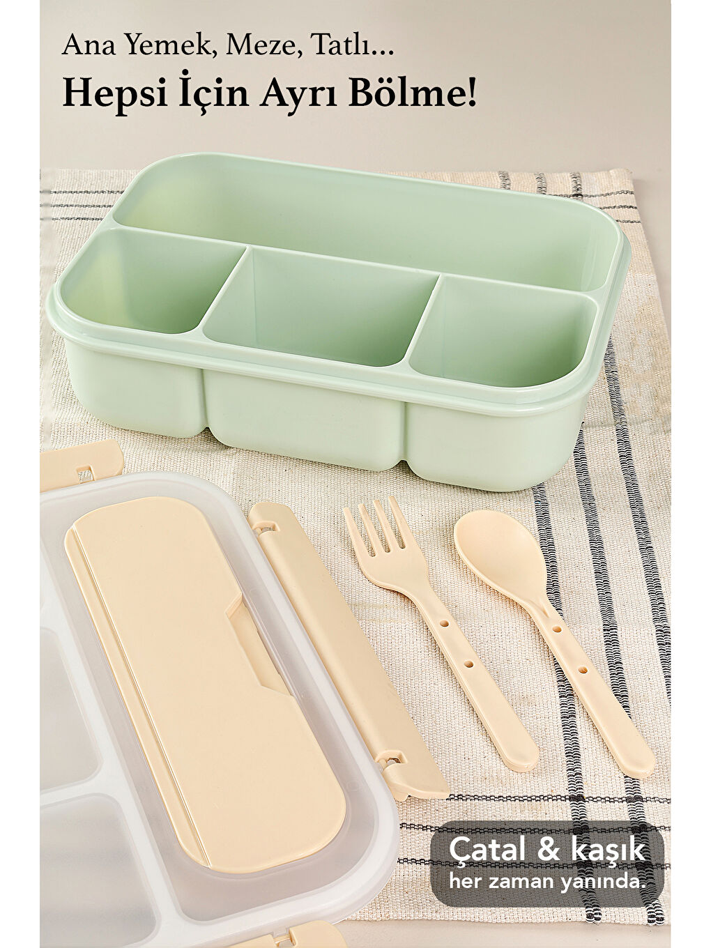Sızdırmaz Contalı Yemek Kabı - 4 Bölmeli Çatal Kaşıklı Diyet Beslenme Kutusu Lunch Box Yeşil-3