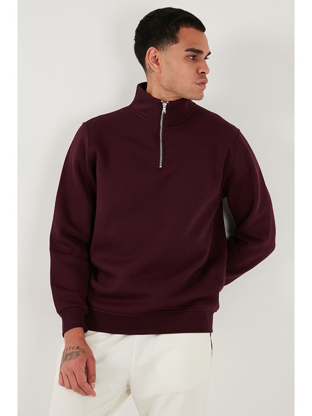 Bordo Pamuklu Regular Fit Yarım Fermuarlı Dik Yaka Erkek Sweat 59052592-3