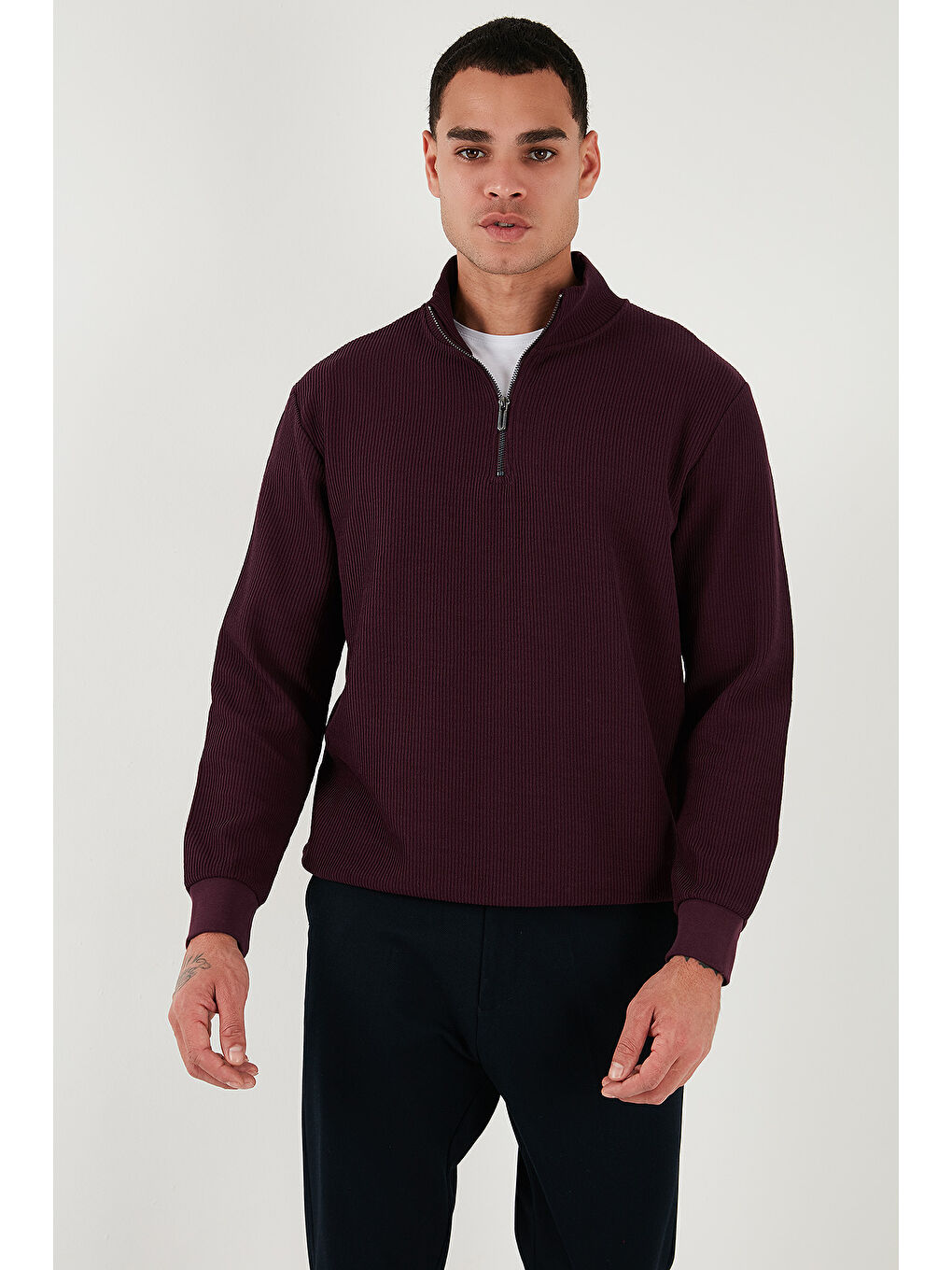 Bordo Pamuklu Regular Fit Yarım Fermuarlı Dik Yaka Erkek Sweat 5905716-2