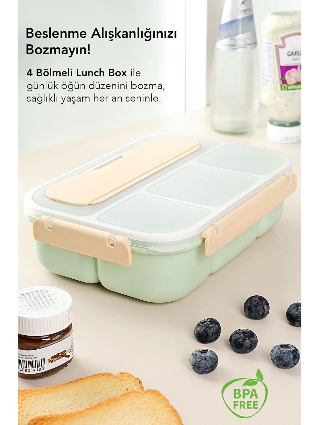 Sızdırmaz Contalı Yemek Kabı - 4 Bölmeli Çatal Kaşıklı Diyet Beslenme Kutusu Lunch Box Yeşil-4