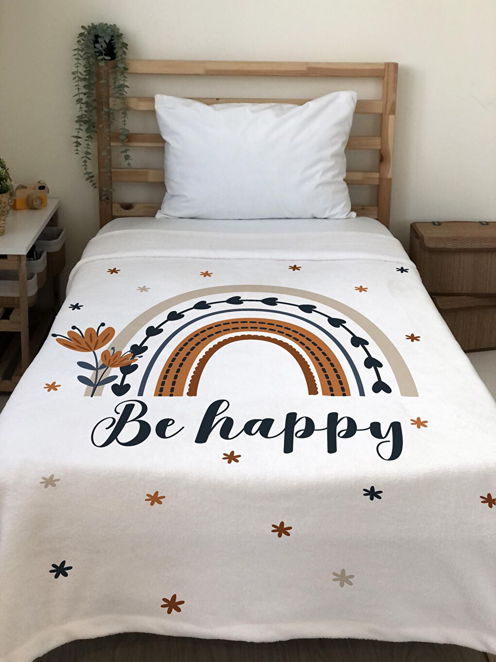 EVMİLA Karışık Gökkuşağı Be Happy Desenli Soft Baskılı Tek Kişilik 150x220 Cm Battaniye - Beyaz