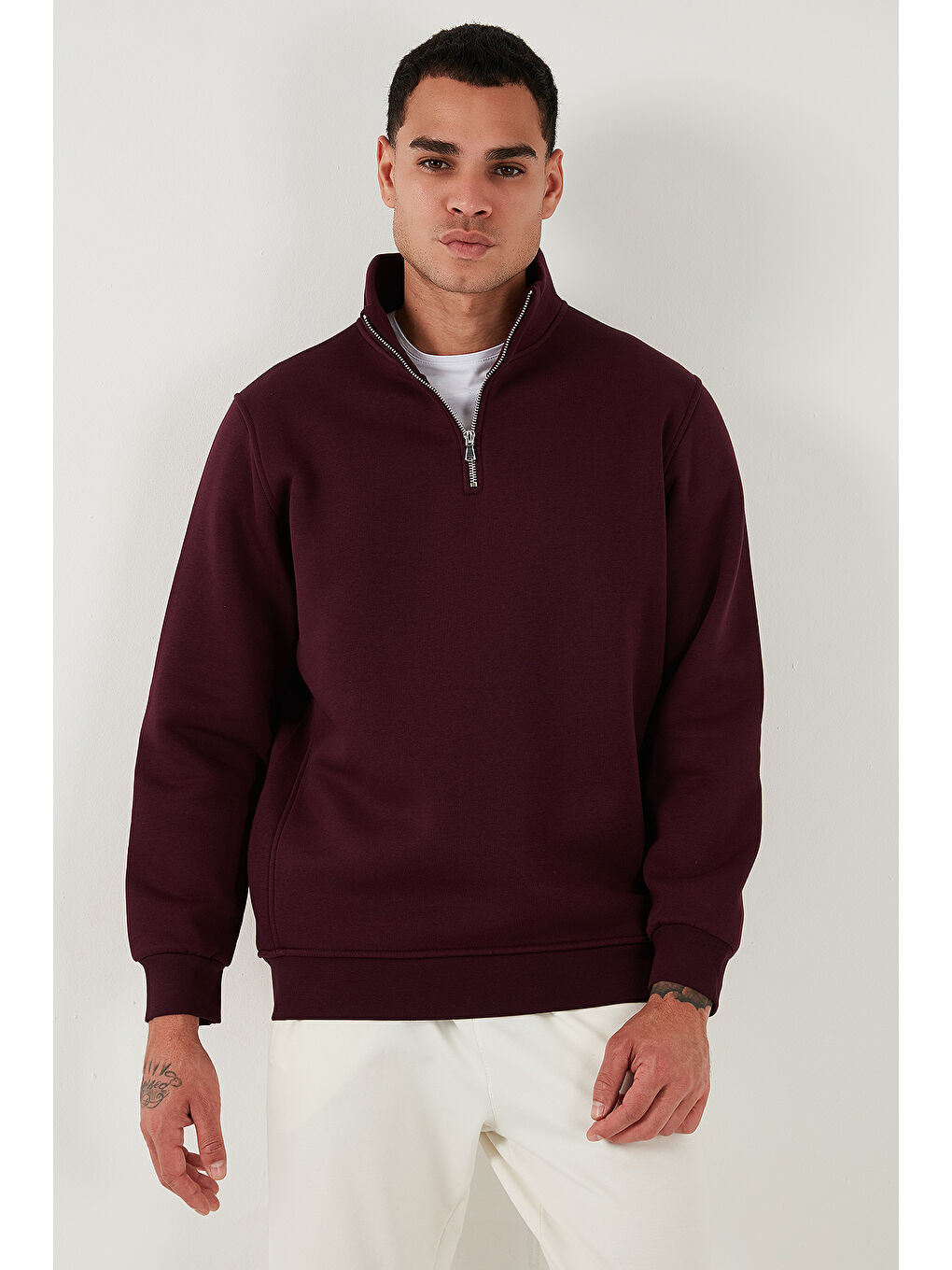 Bordo Pamuklu Regular Fit Yarım Fermuarlı Dik Yaka Erkek Sweat 59052592-4