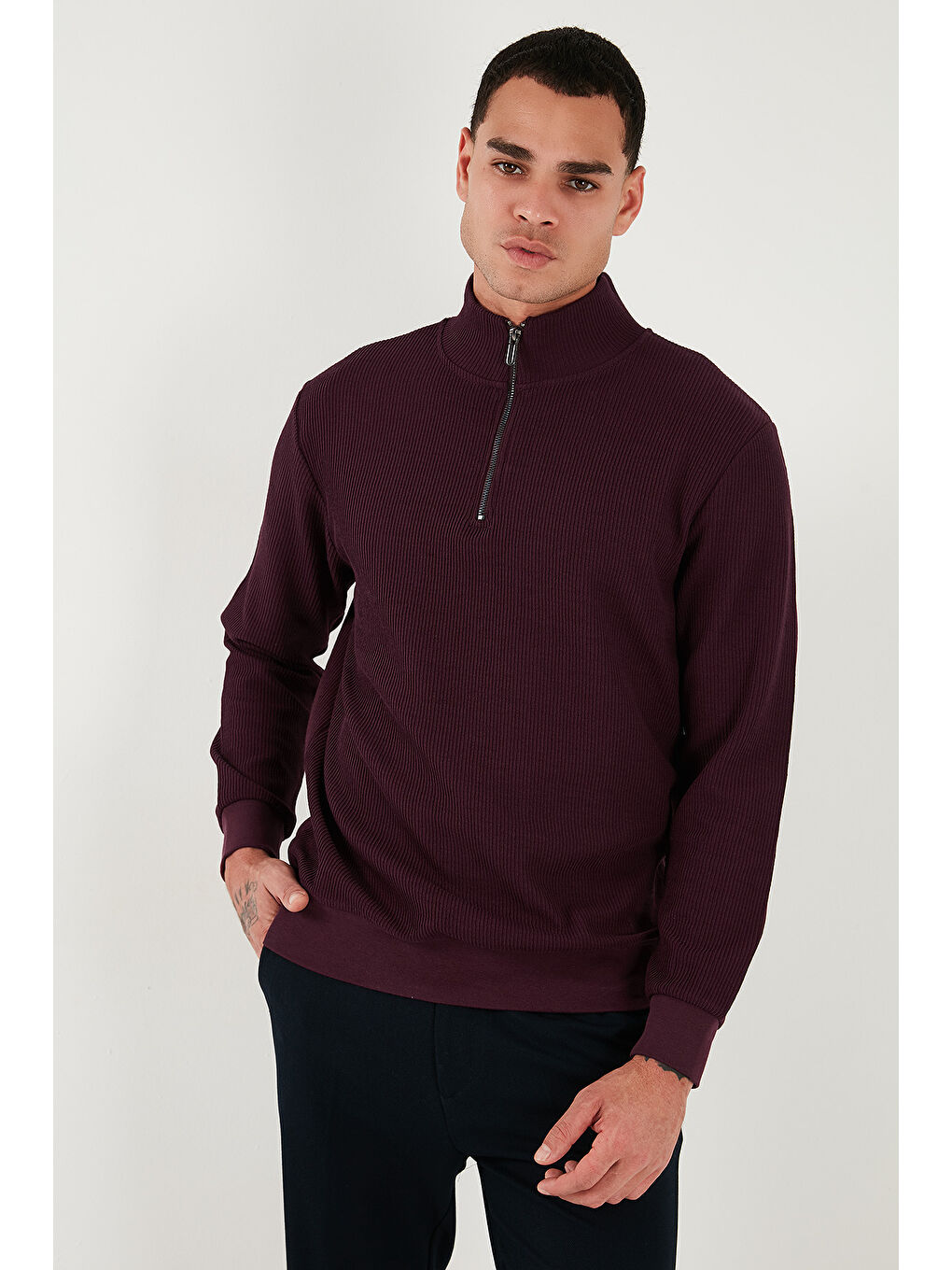 Bordo Pamuklu Regular Fit Yarım Fermuarlı Dik Yaka Erkek Sweat 5905716-3