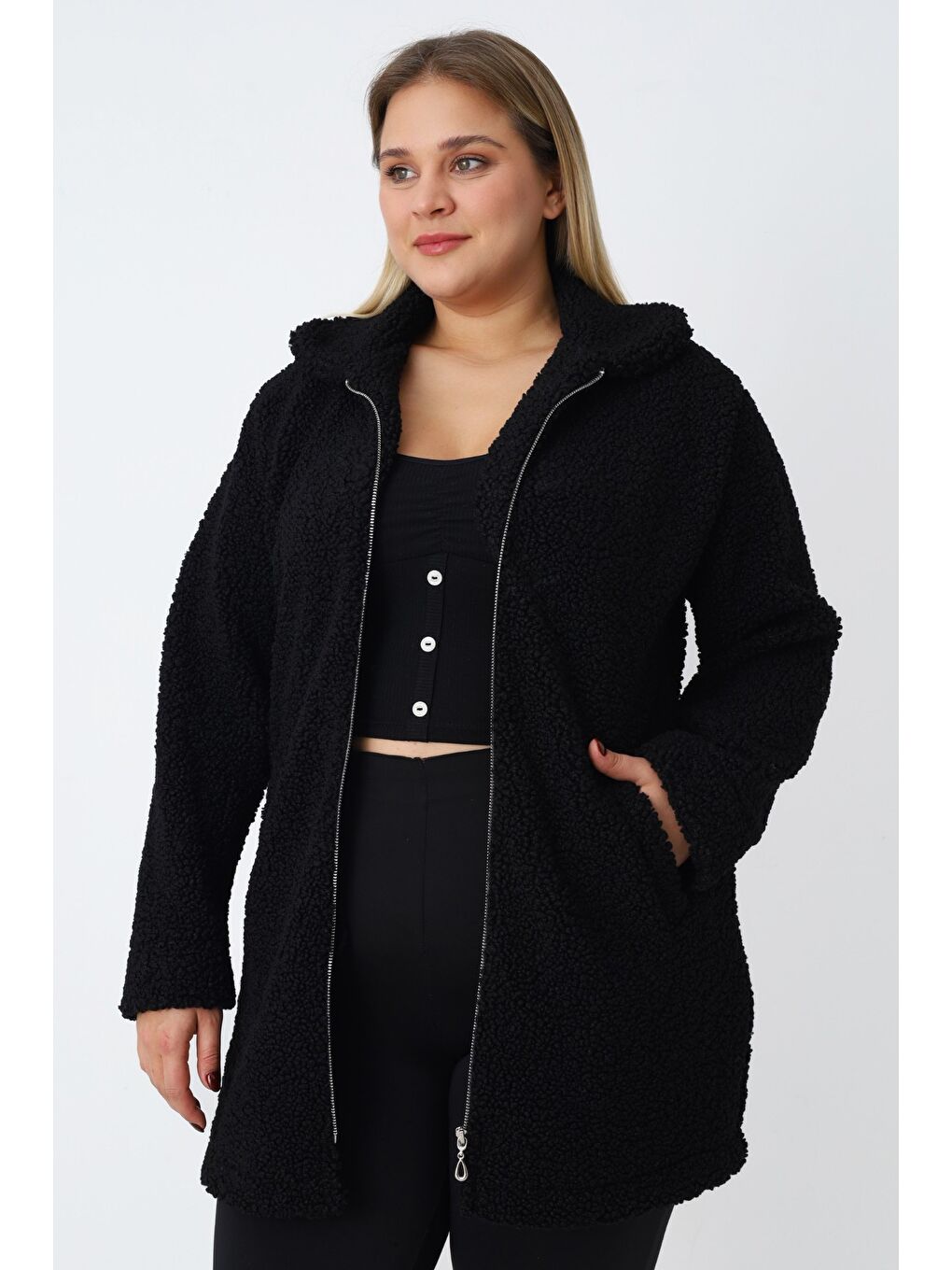 Kadın Büyük Beden Siyah Fermuarlı Cepli Soft Teddy Pelüş Uzun Kollu Hırka-2
