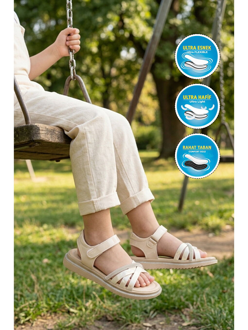 Bej Cırtlı Hafif Yumuşak Taban Kız Çocuk Sandalet Maya P-2