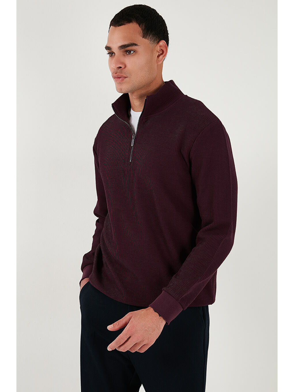 Bordo Pamuklu Regular Fit Yarım Fermuarlı Dik Yaka Erkek Sweat 5905716-4