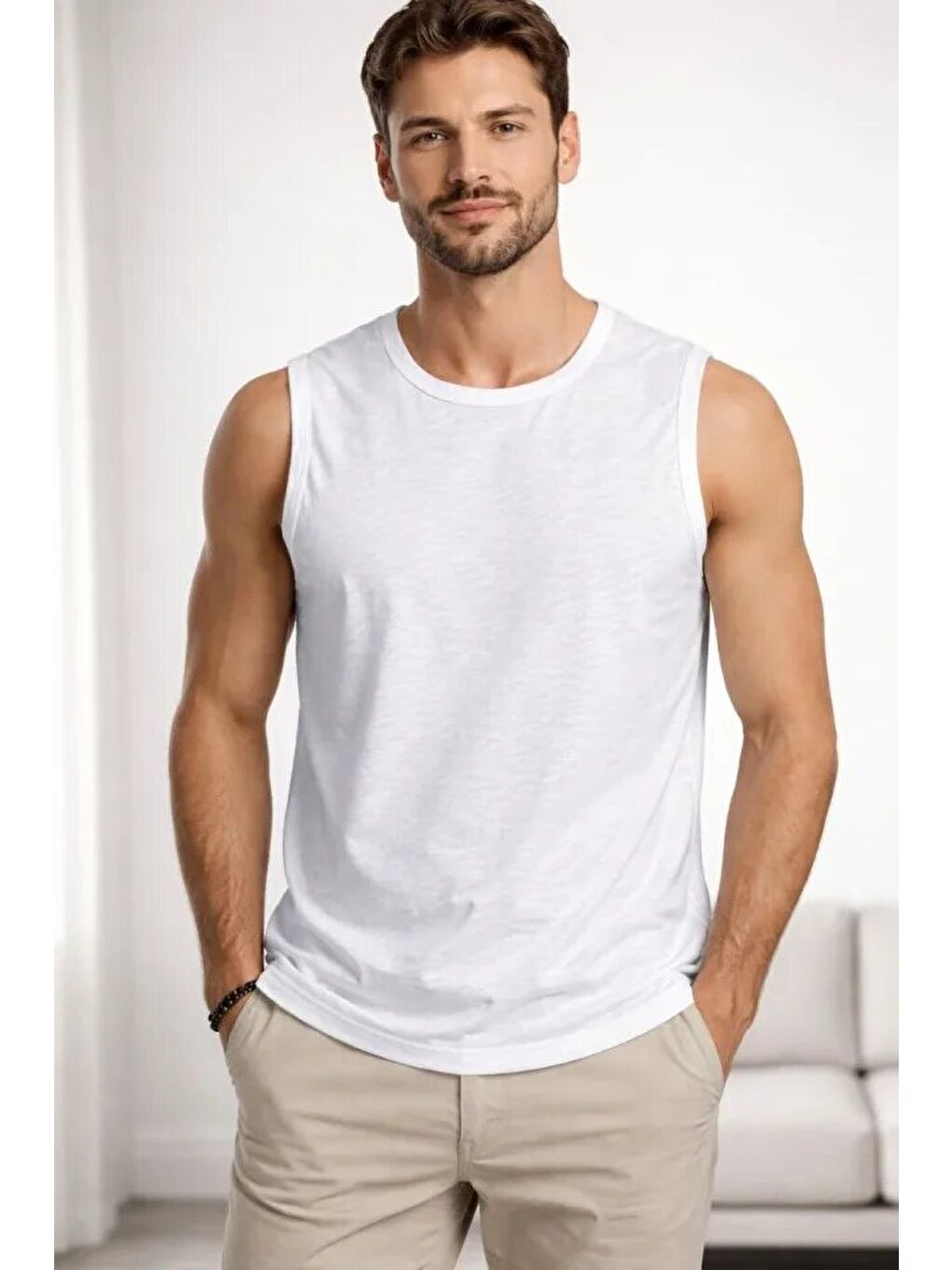 Beyaz Erkek Flamlı Kumaş Sıfır Kolsuz Atlet