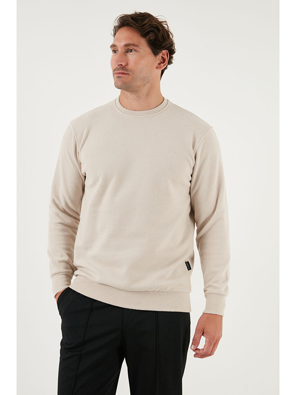 Bej Slim Fit Bisiklet Yaka Pamuklu Erkek Büyük Beden Kazak 456201-2