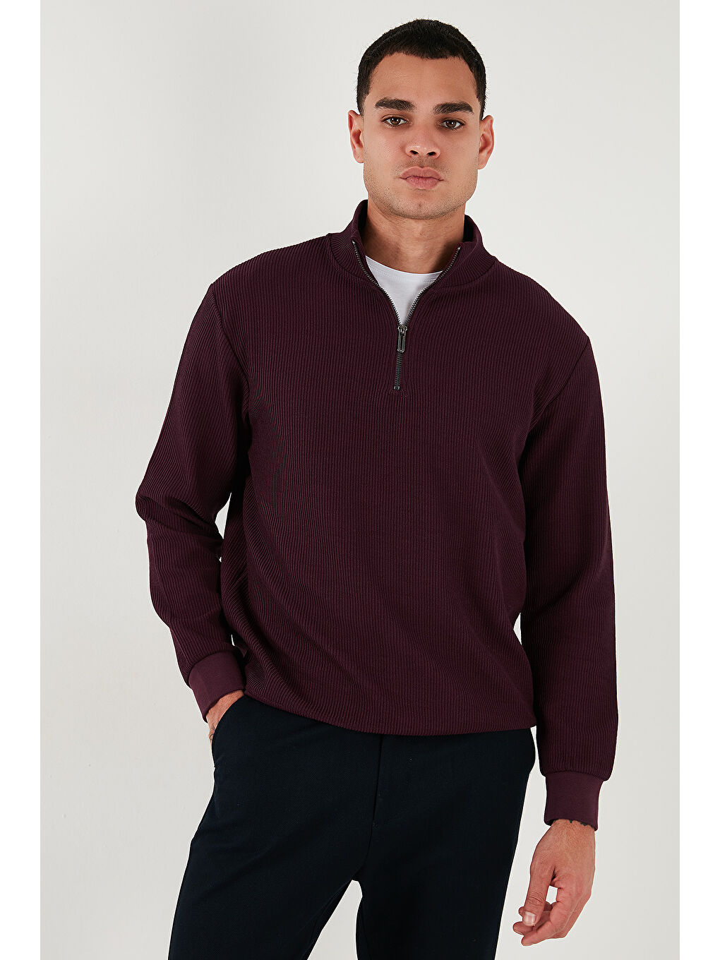 Bordo Pamuklu Regular Fit Yarım Fermuarlı Dik Yaka Erkek Sweat 5905716-5