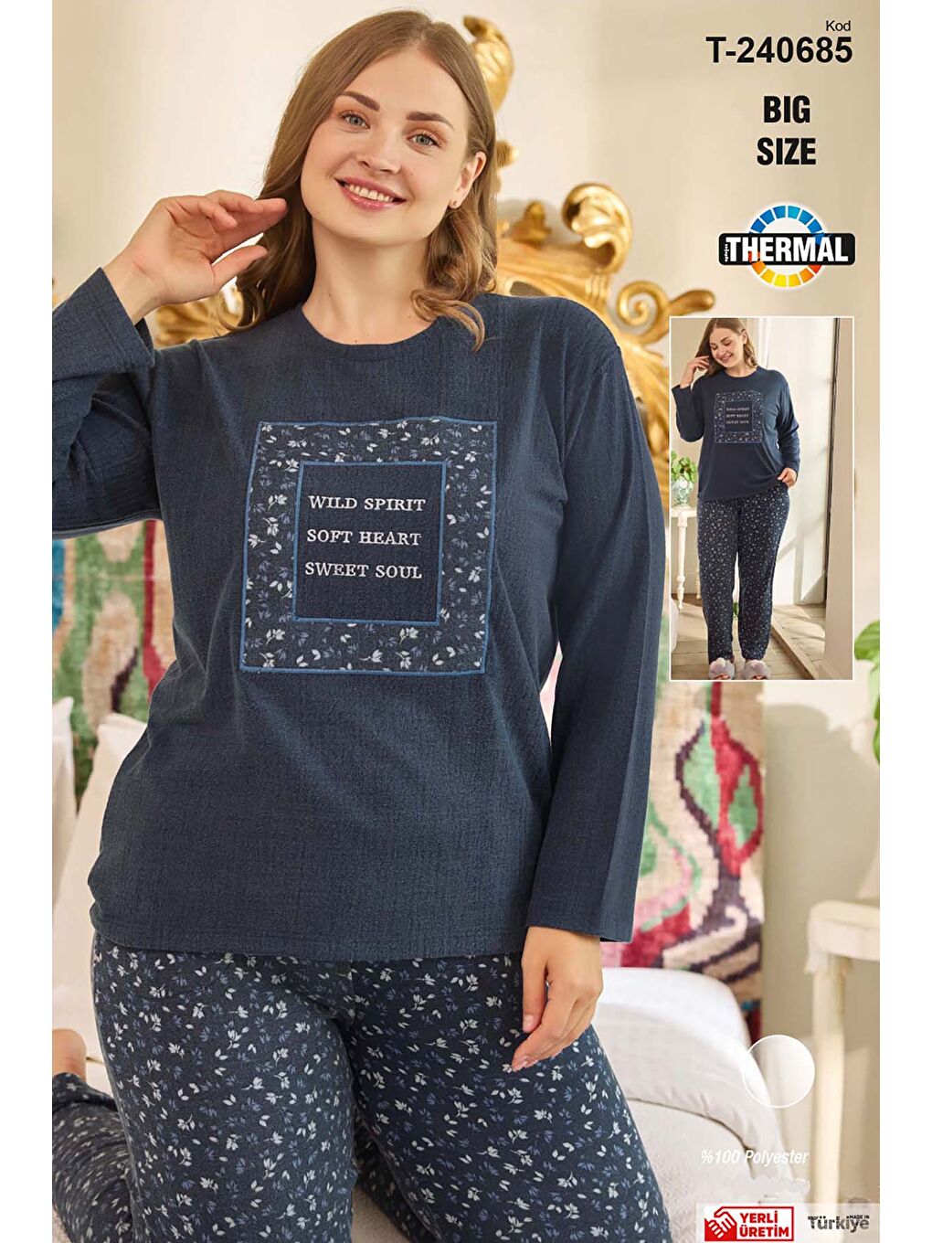 Lacivert Büyük Beden Termal Kadın Uzun Kol Pijama Takımı 240685 Laci01-2