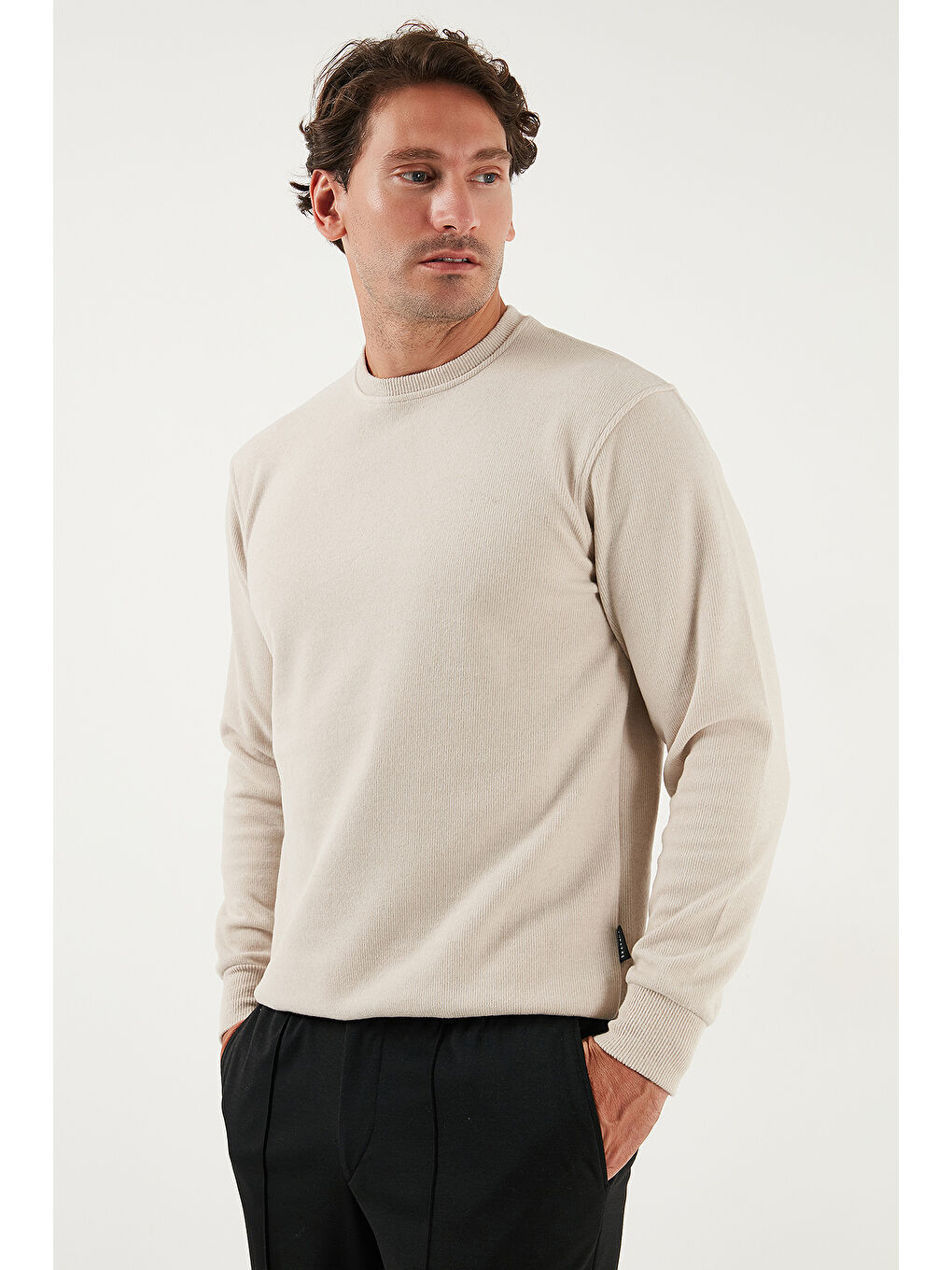 Bej Slim Fit Bisiklet Yaka Pamuklu Erkek Büyük Beden Kazak 456201-3