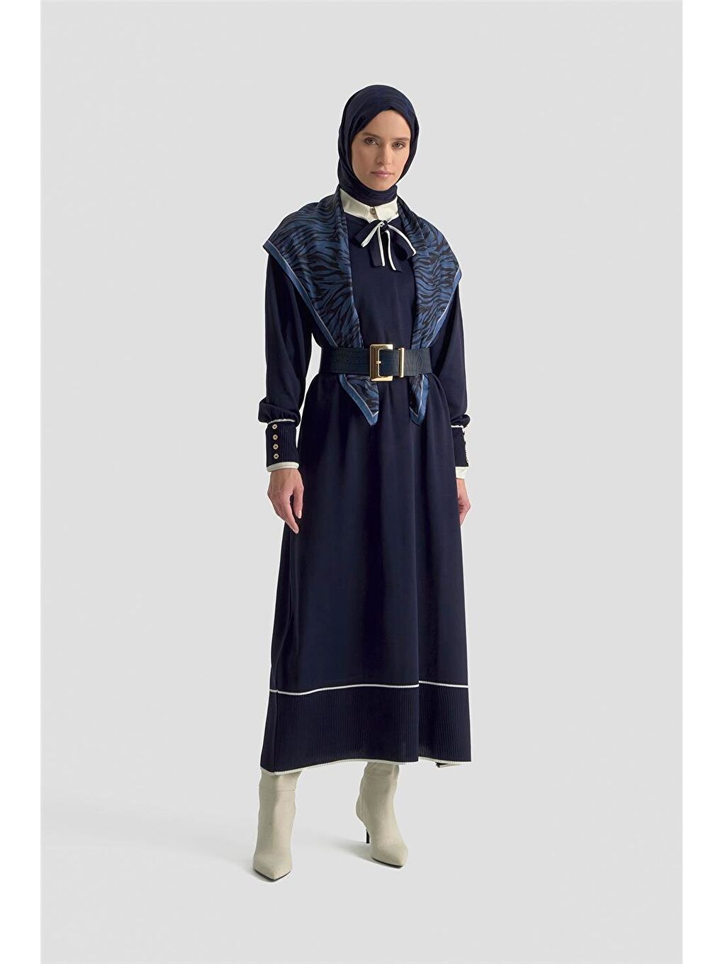 Fularlı Triko Elbise 25Ktd955 Lacivert