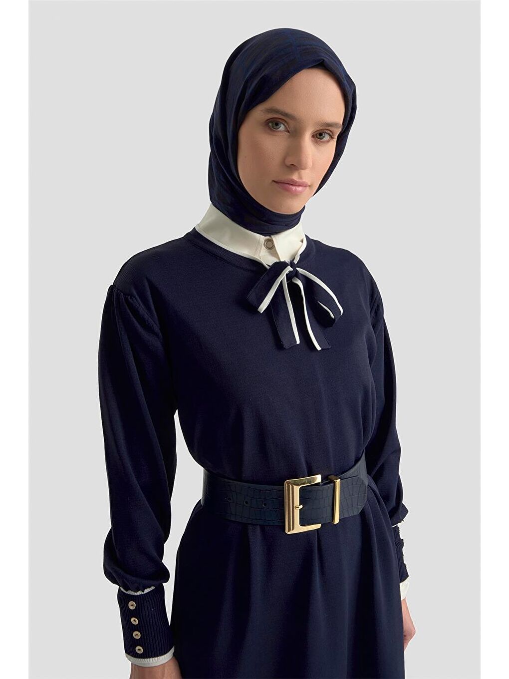 Fularlı Triko Elbise 25Ktd955 Lacivert-1