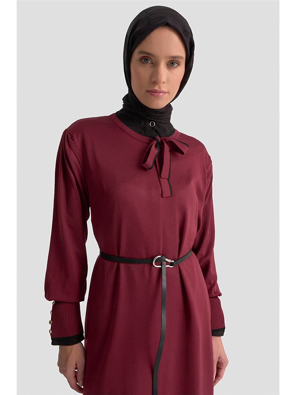 Fularlı Triko Elbise 25Ktd955 Bordo