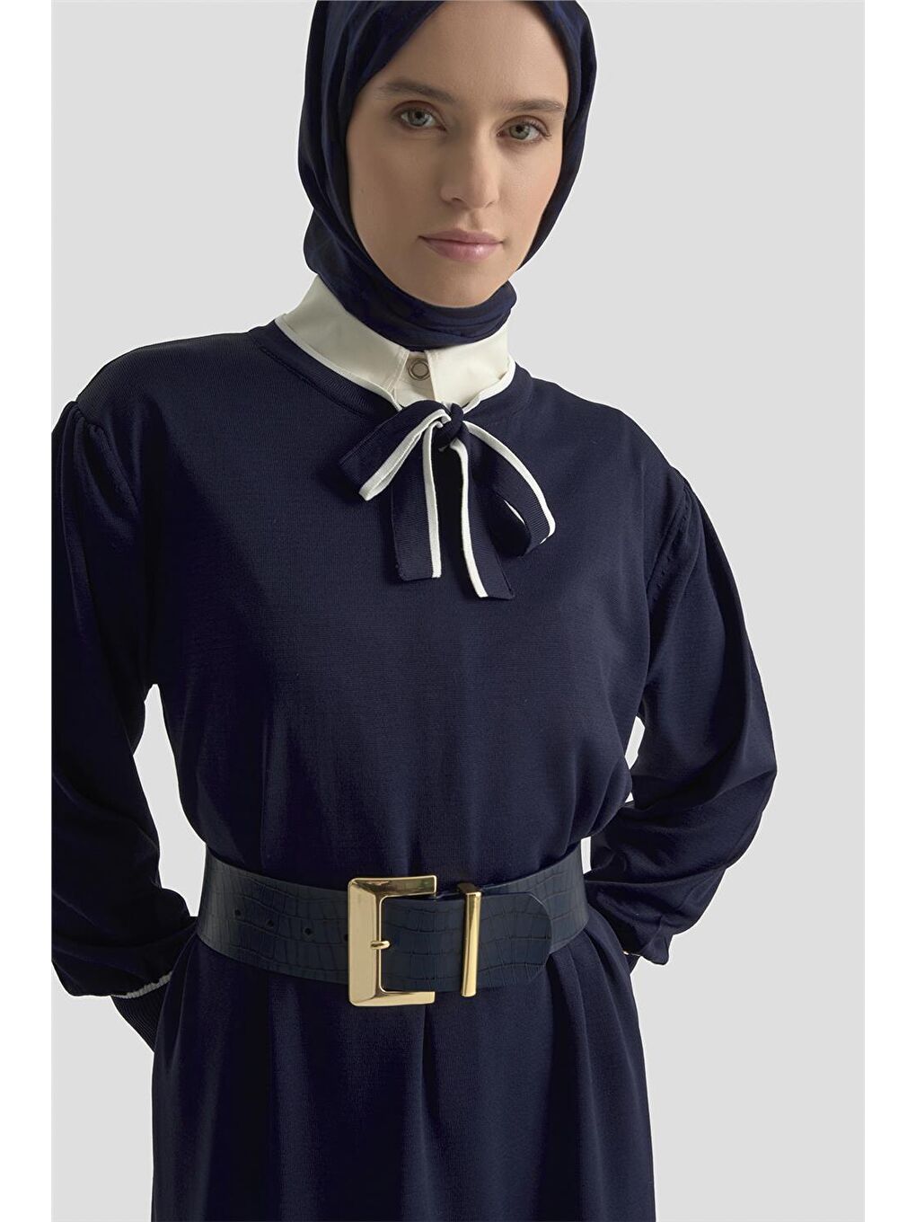 Fularlı Triko Elbise 25Ktd955 Lacivert-3