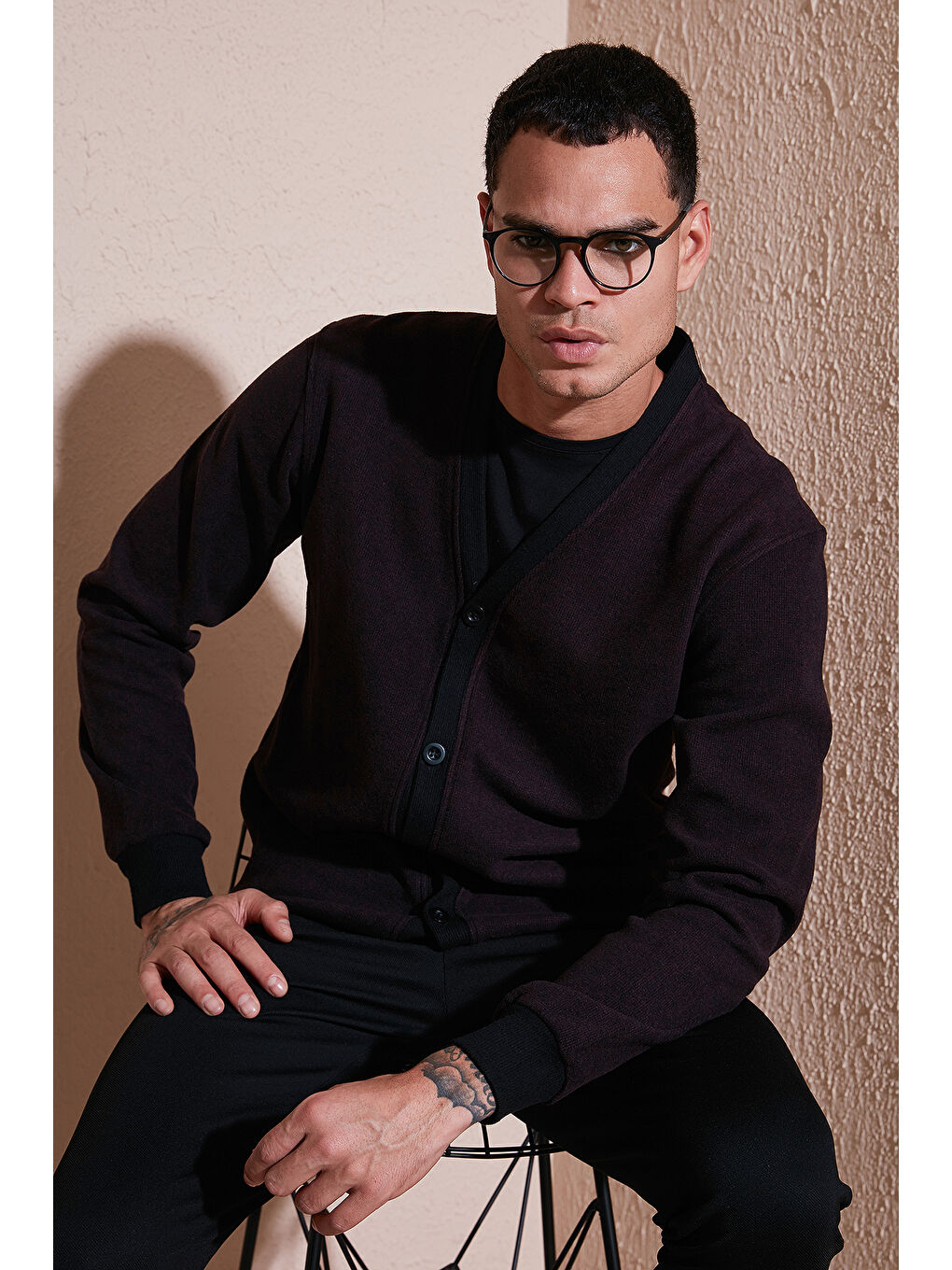 Bordo Pamuklu Regular Fit Düğmeli V Yaka Erkek Hırka 456205