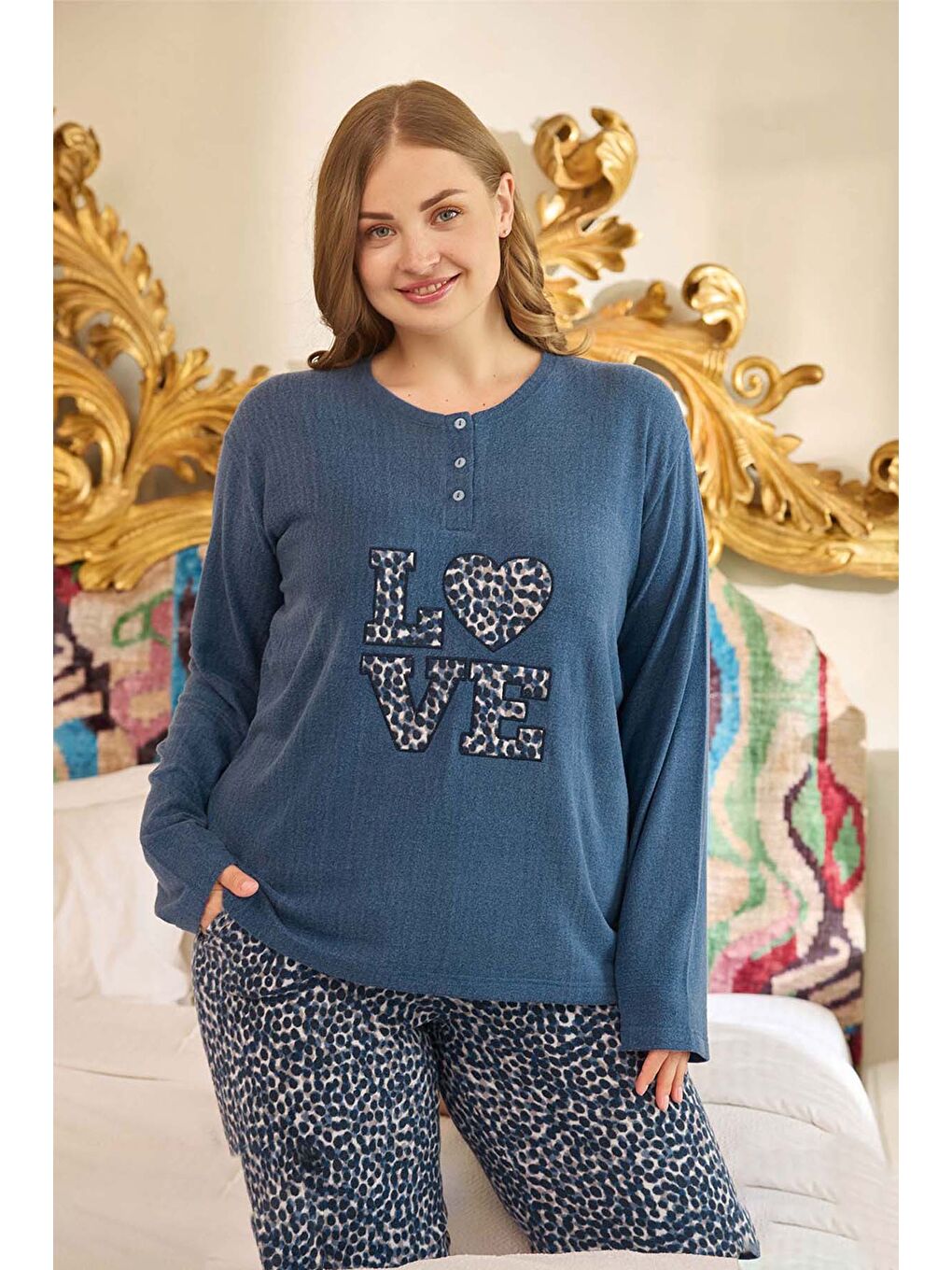Büyük Beden Kadın Yazılı Uzun Kol Pijama Takımı 240684 Lacivert-3