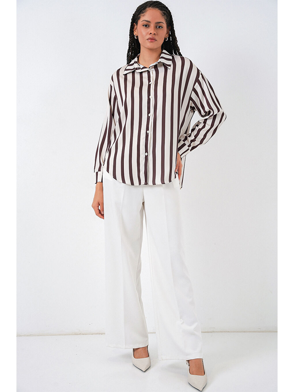 3964 Hafif Dökümlü Saten Gömlek - M. Kahverengi-1