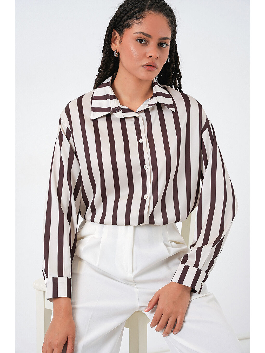 3964 Hafif Dökümlü Saten Gömlek - M. Kahverengi-2