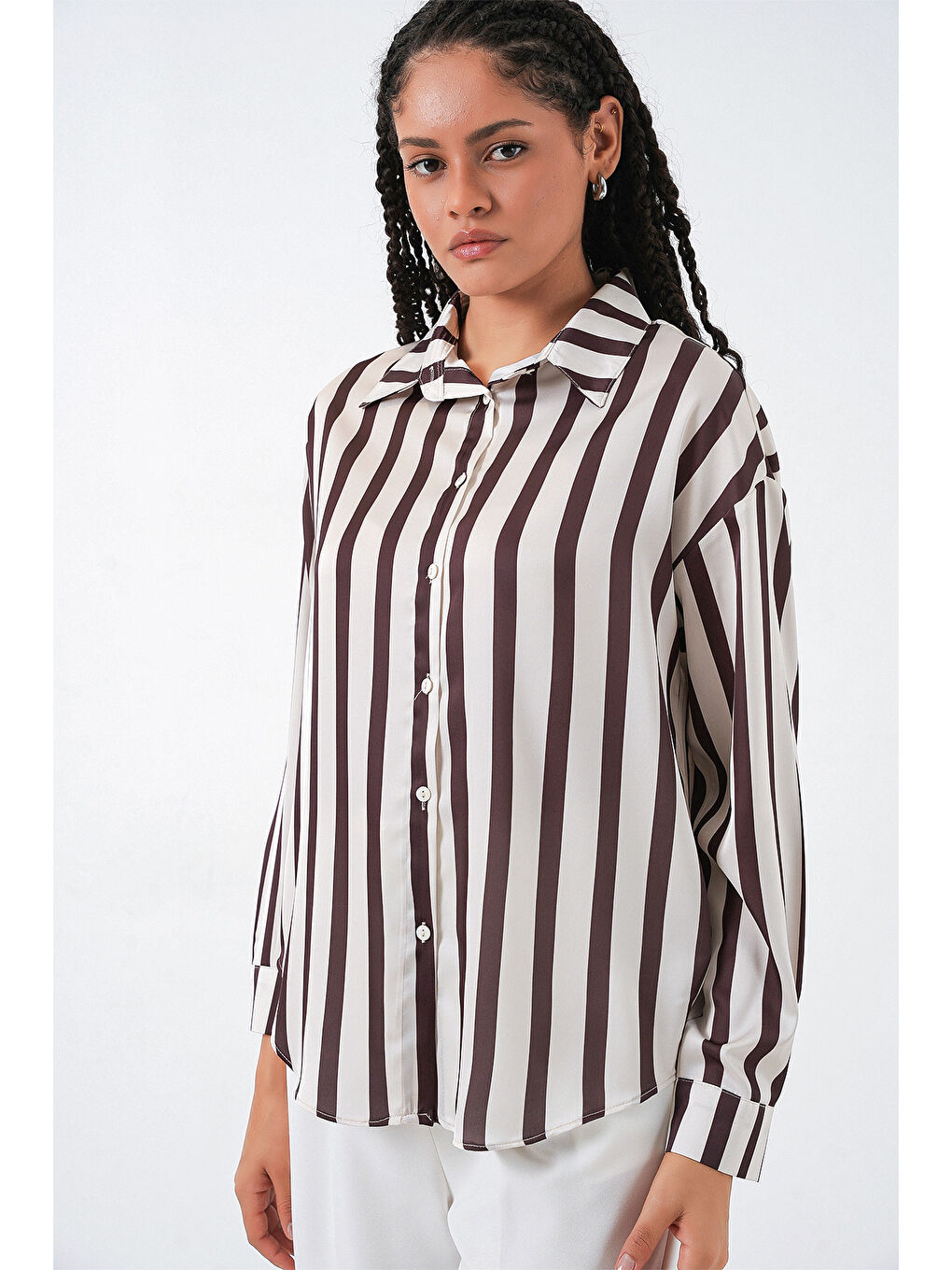 3964 Hafif Dökümlü Saten Gömlek - M. Kahverengi-3