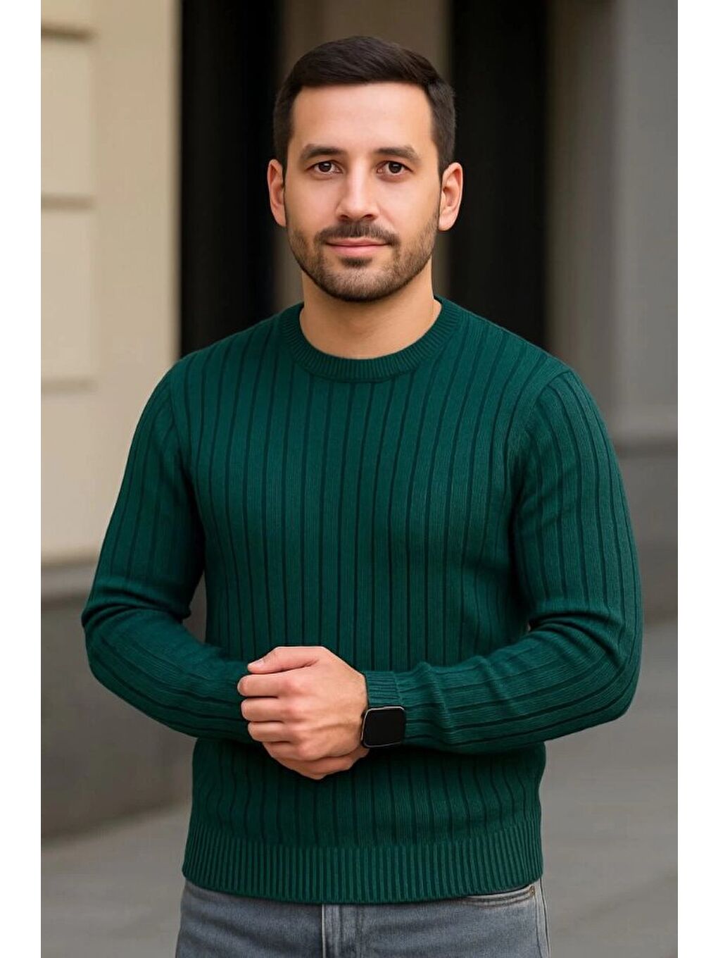 Haki Erkek Bisiklet Yuvarlak Yaka Triko Kazak-1