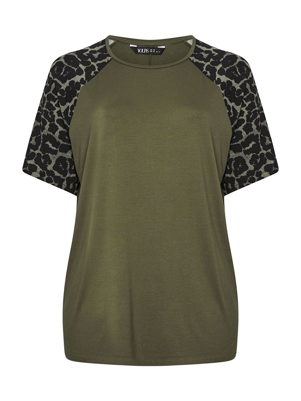 Haki Büyük Beden Bisiklet Yaka Kısa Kollu Leopar Desenli T-shirt 322972-3