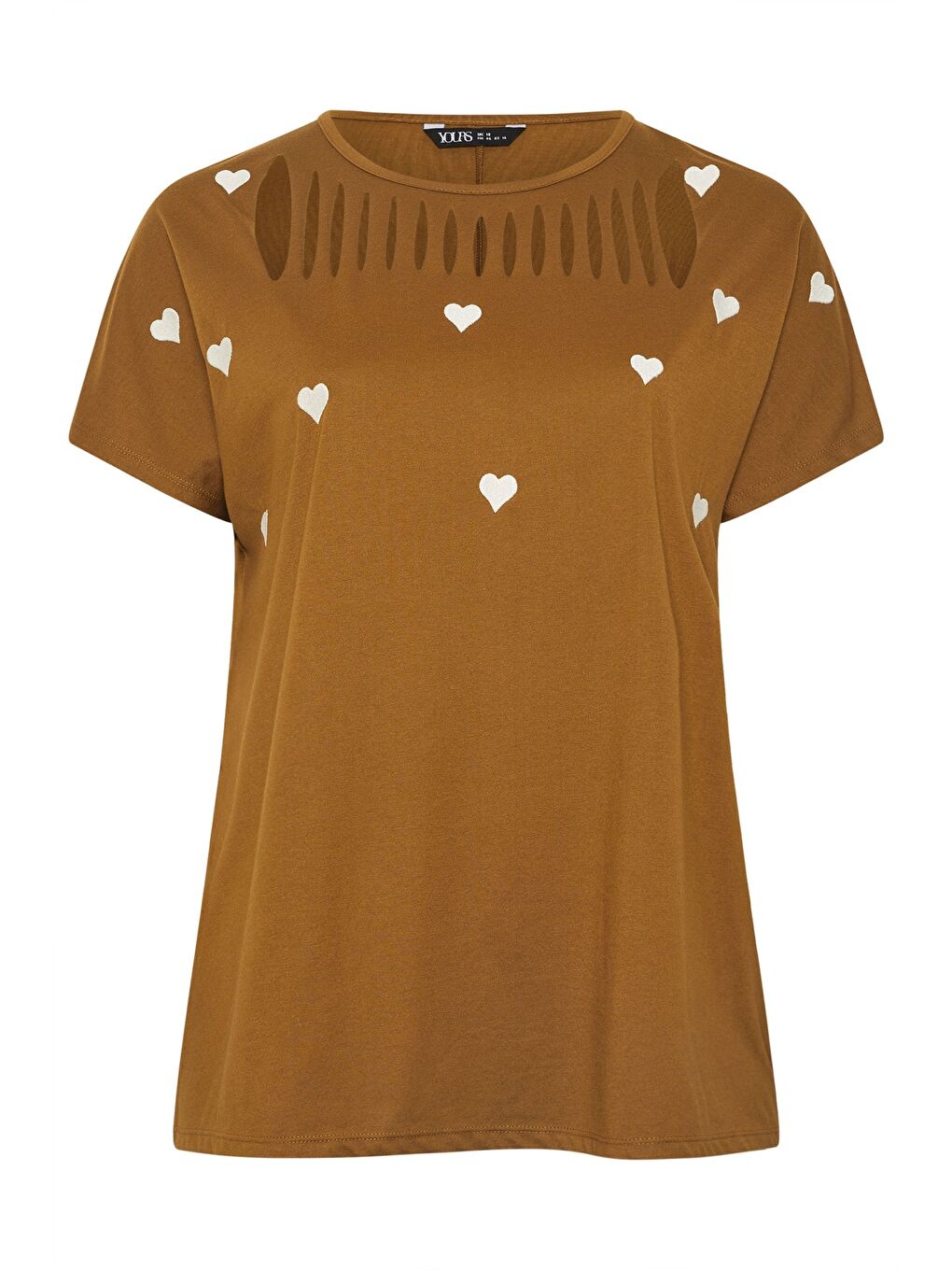 Kahverengi Büyük Beden Bisiklet Yaka Kısa Kollu Kalpli Yırtık Detaylı T-shirt 304392-5
