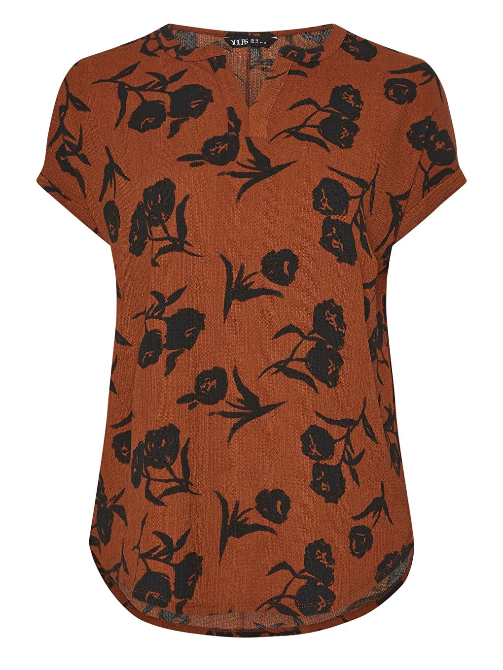 Kahverengi Büyük Beden V Yaka Kısa Kollu Bürümcük Kumaş Çiçek Baskılı T-shirt 304313-5