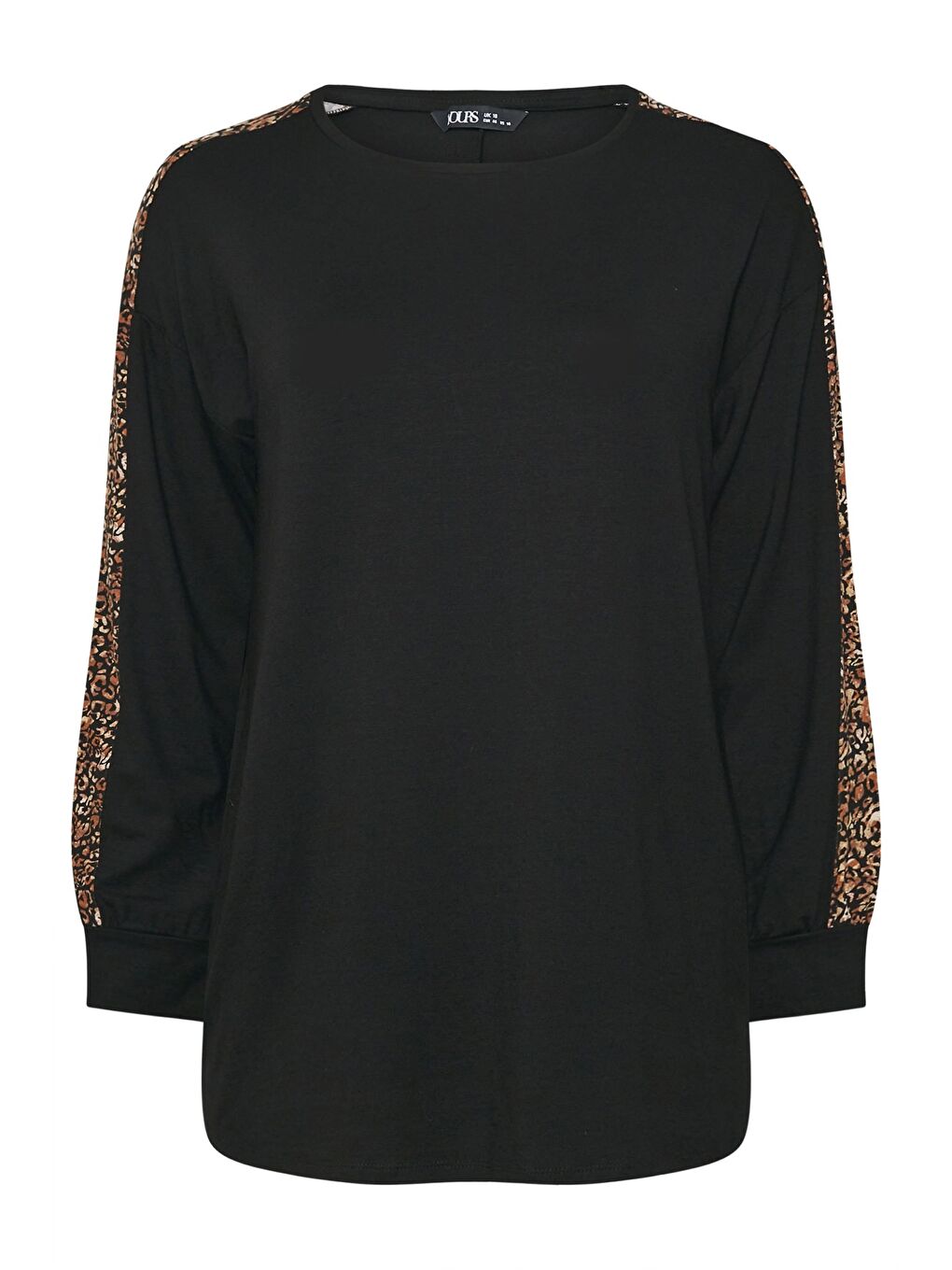 Siyah Büyük Beden Bisiklet Yaka Uzun Kollu Leopar Desenli T-shirt 303781-5