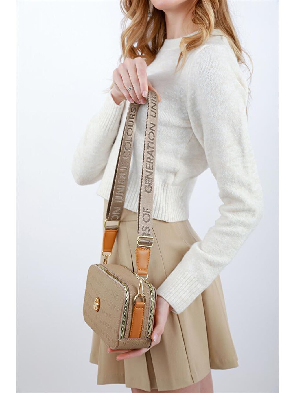 Bej Desenli Kutu Çanta Vizon-1