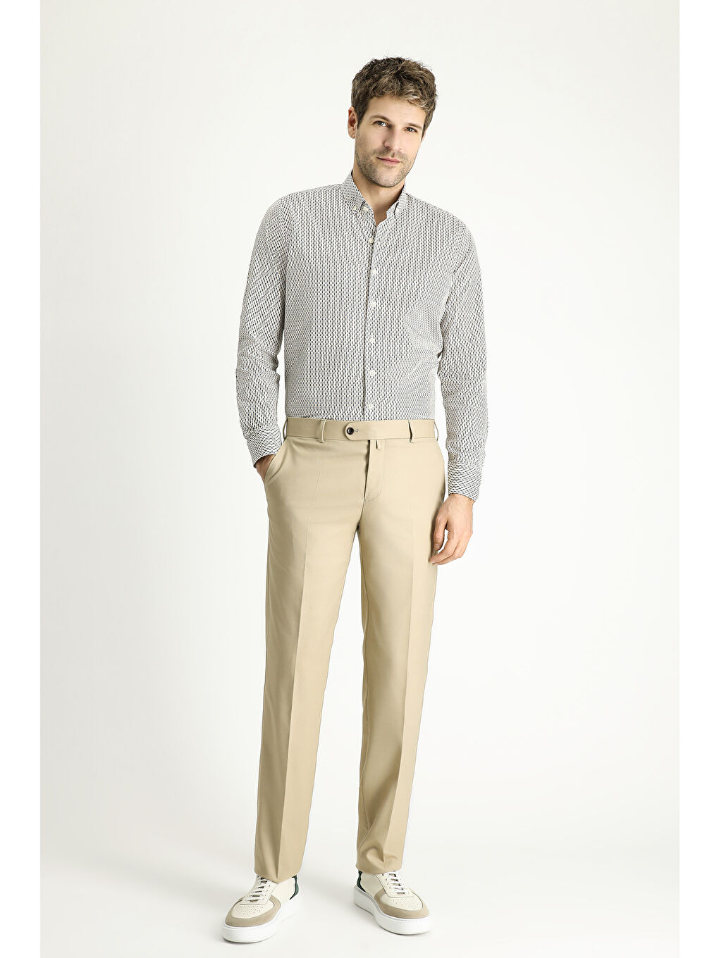 Gri Uzun Kol Slim Fit Dar Kesim Baskılı Pamuk Düğmeli Yaka %100 Pamuk Gömlek-1