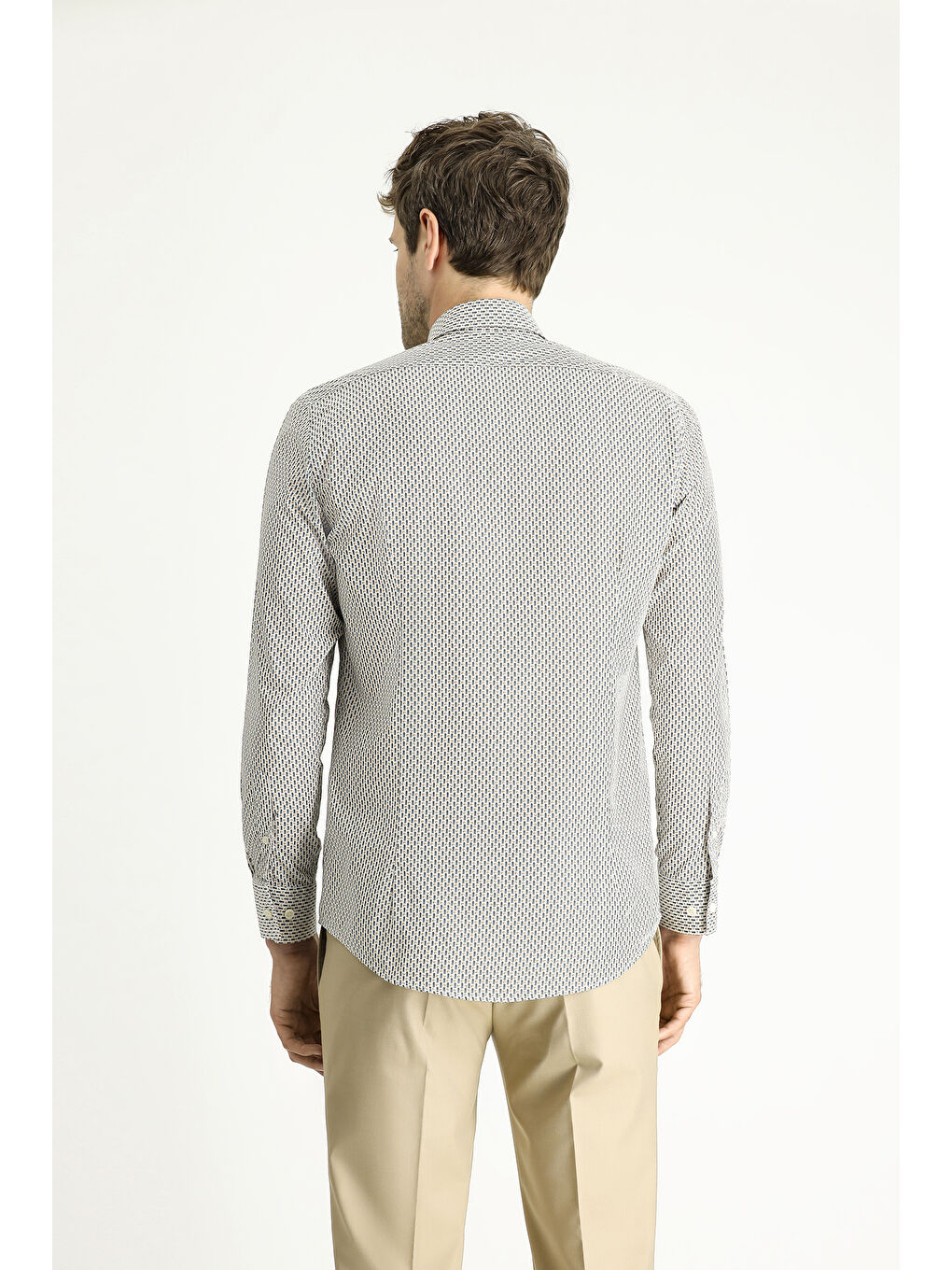 Gri Uzun Kol Slim Fit Dar Kesim Baskılı Pamuk Düğmeli Yaka %100 Pamuk Gömlek-3